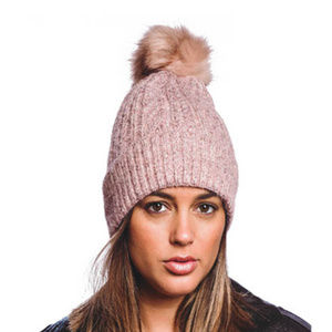 Heather Cable Knit Fuzzy Lined Beanie With Pom Pom